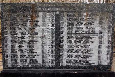 Воинское захоронение в деревне Новополево Глазуновского района, фотографии мемориальной плиты с фамилиями захороненных.