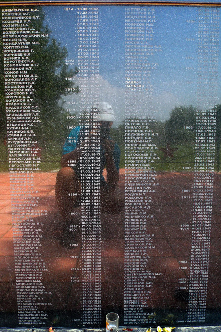 Фотографии мемориальных плит с фамилиями захороненных.