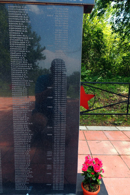 Фотографии мемориальных плит с фамилиями захороненных.